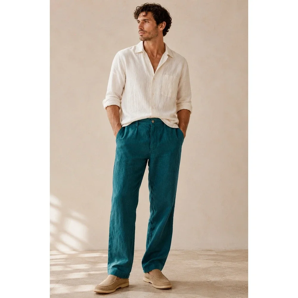 Alex Crane Cham Linen Pants 26 NWT Dusk Blue French Linen Button Fly $178